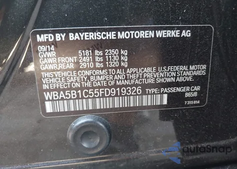 2015 BMW 535I from USA, damaged, VIN WBA5B1C55FD919326
